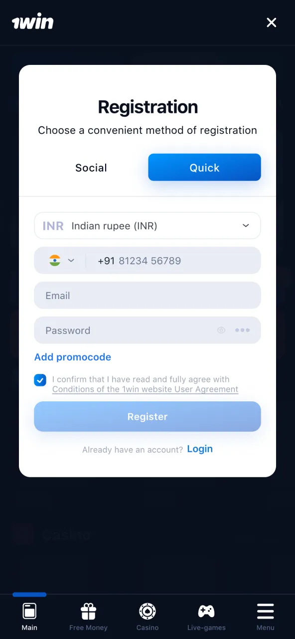 Create a 1win account quickly via the Sign Up button.