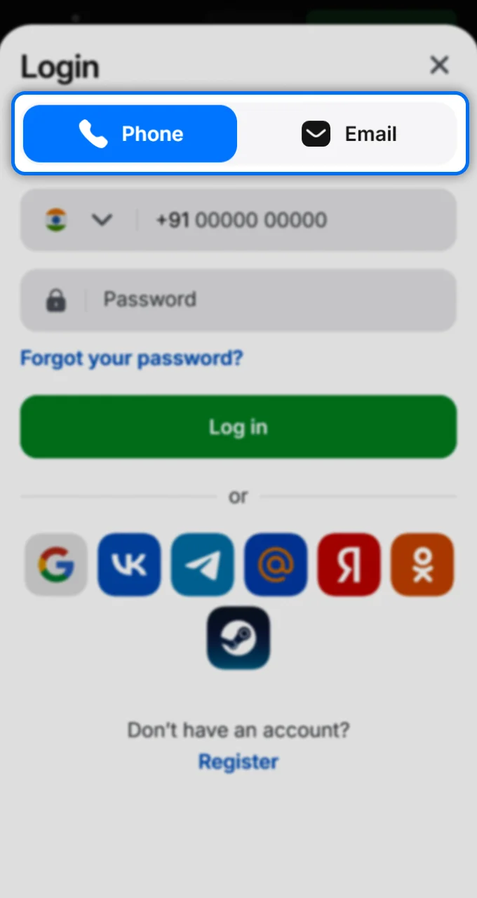 Select a login method by phone number or email to access your 1Win account.